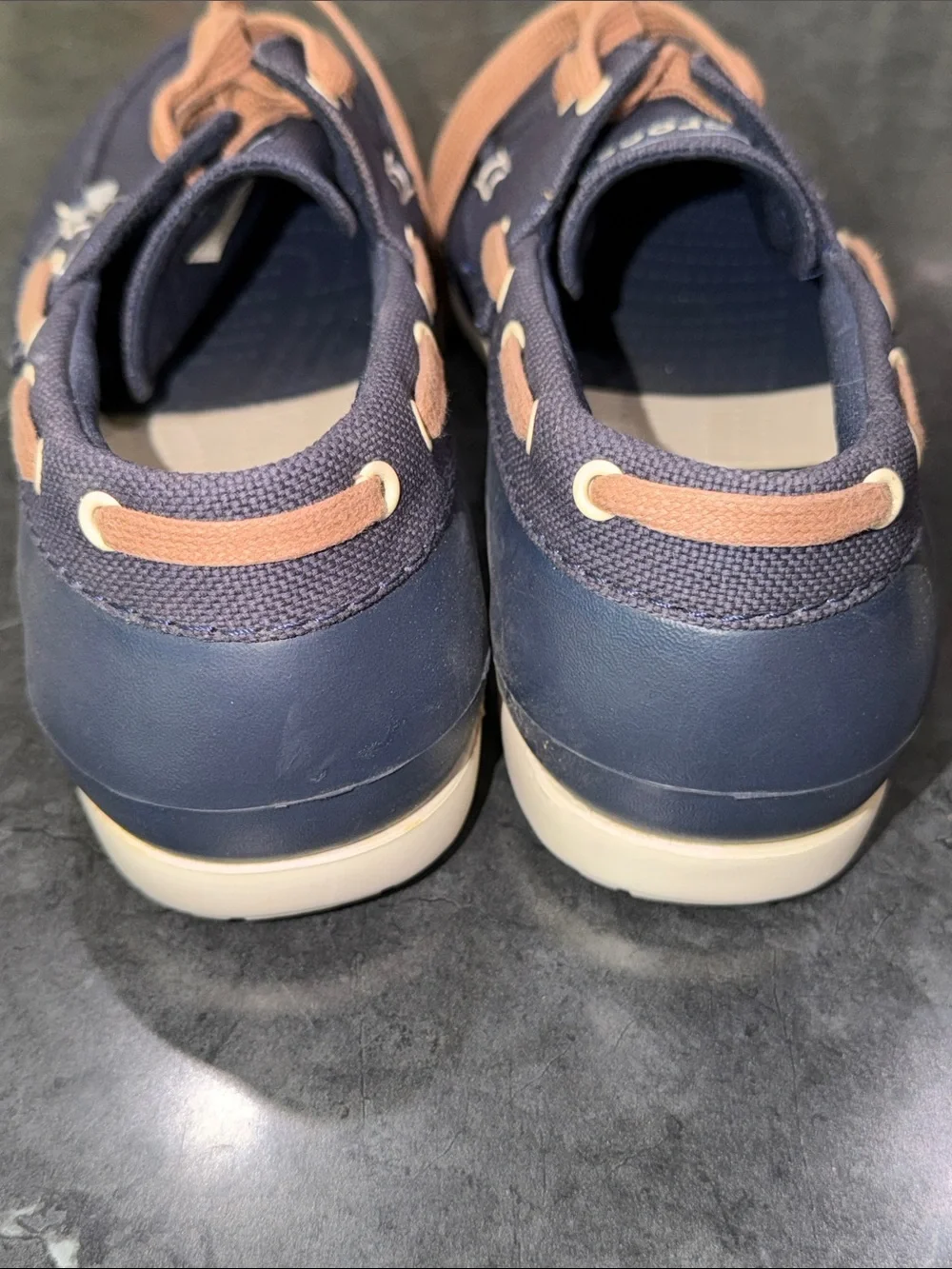 CROCS Navy Canvas Boat Shoes with Tan Laces